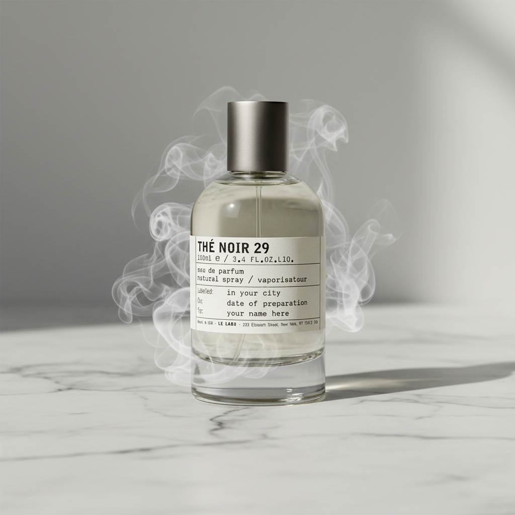 Le Labo Thé Noir 29 bottle on grey marble with soft morning light, minimalist luxury editorial
